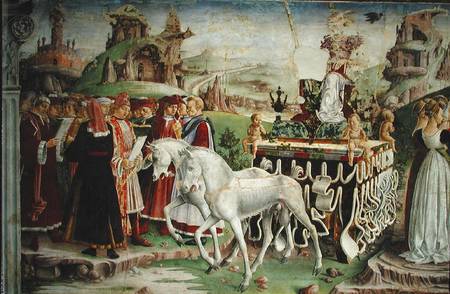 The Triumph of Minerva: March, from the Room of the Months, detail of the chariot and the group of s de Francesco del Cossa