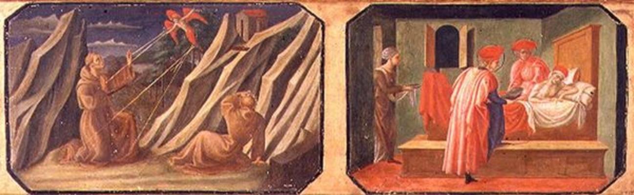 (LtoR) St. Francis of Assisi receiving the stigmata, SS. Cosmas and Damian healing a sick man; copie de Francesco di Stefano Pesellino