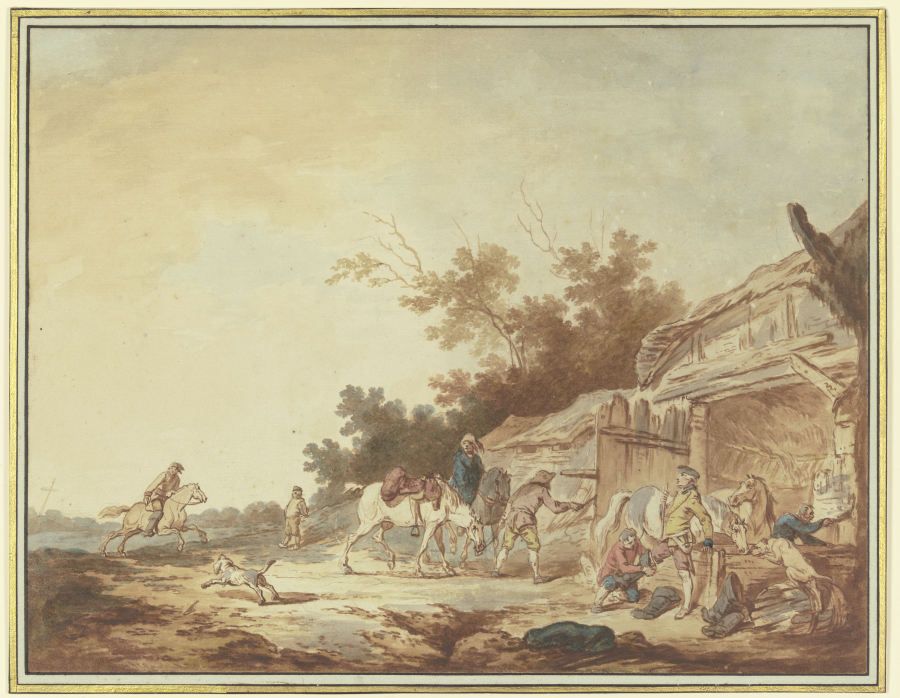 Ein Reisender, dem die Reitstiefel angezogen werden, steht mit seinen Pferden bei einer Tränke vor e de Francesco Giuseppe Casanova