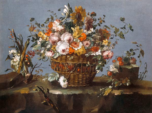 Blumen in einem Korb und ein kleiner Zweig mit Kirschen. de Francesco Guardi