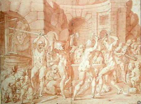 Cylopses in the Forge of Vulcan (pen & ink and red chalk on paper) de Francesco Primaticcio