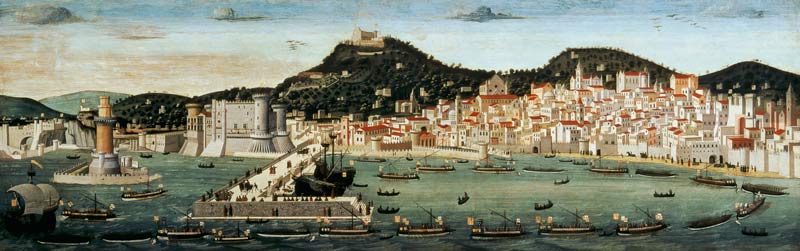 View of Naples depicting the Aragonese fleet re-entering the port after the Battle of Ischia in 1442 de Francesco Rosselli