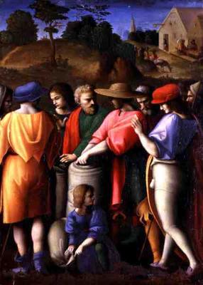 The Search for the Stolen Cup, from 'The Stories of Giuseppe Ebreo' (tempera on panel) de Francesco Ubertini Verdi Bachiacca