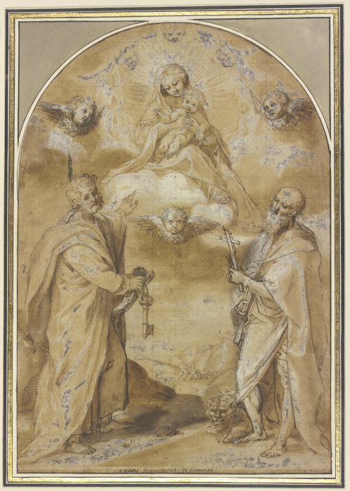 Die Madonna mit dem Jesuskind erscheint in einer engelgesäumten Gloriole den Heiligen Petrus und Hie de Francesco Vanni
