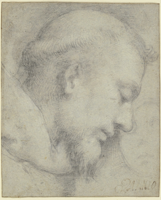 Gesenkter Kopf eines Mönches im Profil nach rechts, daneben ein skizzierter Kopf en face de Francesco Vanni