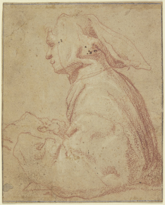 Halbfigur eines Mönches im Profil nach links, mit Kapuze und aufgeschlagenem Buche de Francesco Vanni