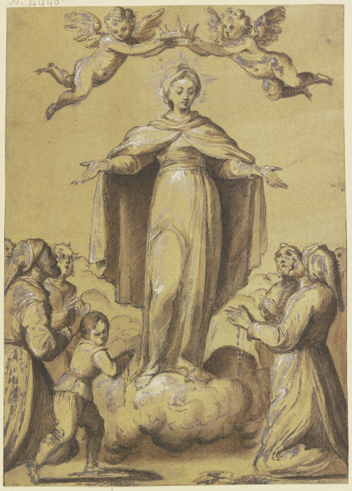 Maria auf Wolken stehend, zwischen Anbetenden mit Rosenkränzen de Francesco Vanni