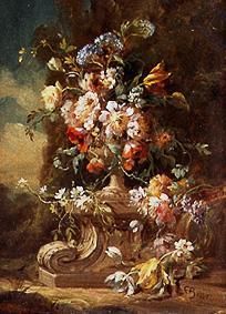 Blumenstrauss into clay vase on a Balustrade de Francesco (Vercelli) Bosso