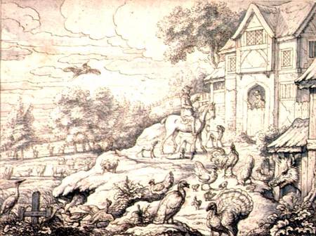 Farmyard, with Figures and Landscape Background de Francis Barlow