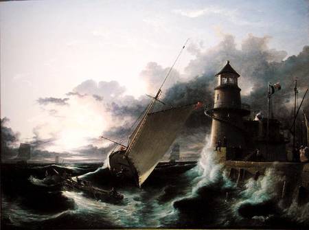 Boat by a Lighthouse, a Squall Going Off de Francis Danby