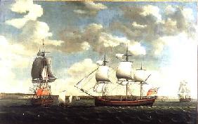 Portrait of an East Indiaman in three positions off Portsmouth