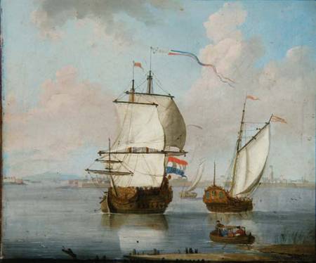 A Dutch East Indian man and a Royal Yacht in an Estuary with a Town Beyond de Francis Swaine