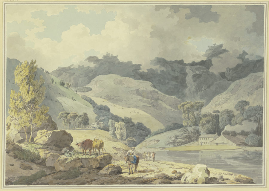 Gebirgslandschaft, auf dem Weg ein Mädchen zu Pferde, links zwei Kühe de Francis Wheatley