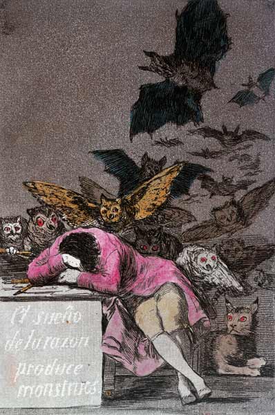 The Sleep of Reason Produces Monsters, plate 43 of 'Los Caprichos', published c.1810 (colour engravi de Francisco José de Goya