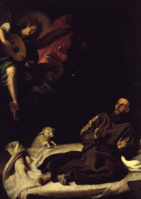 St. Francis comforted by an Angel Musician de Francisco Ribalta