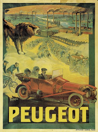 Poster advertising Peugeot cars de Francisco Tamagno