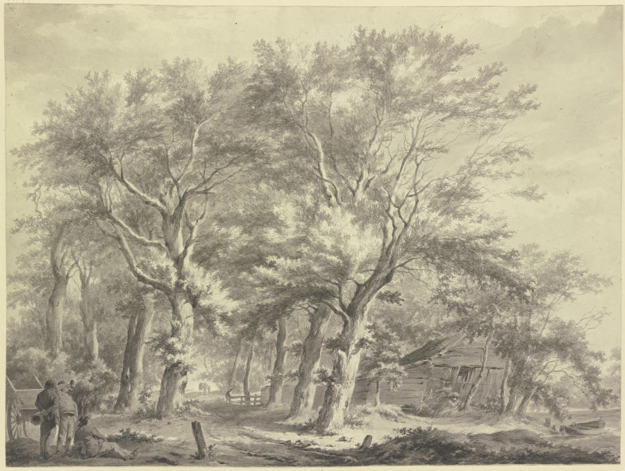 Weg durch einen Wald, rechts eine windschiefe Hütte, links drei Bauern bei einem Wagen de Franciscus Andreas Milatz