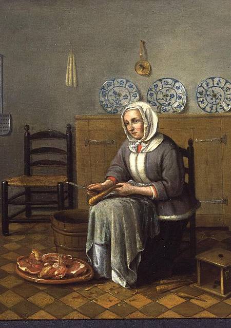 A Seated Woman preparing Food in a Kitchen de Franciscus Carree