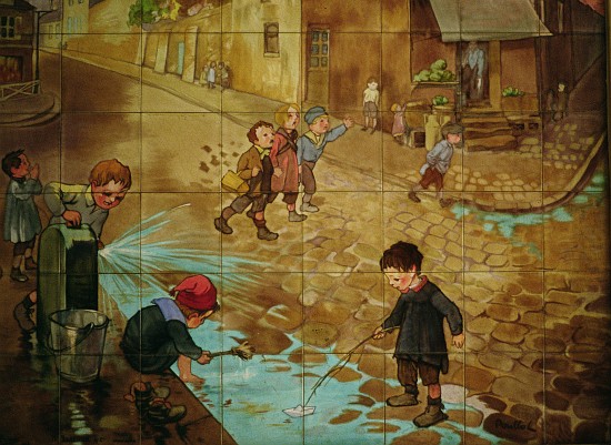 Tiles depicting children playing in the street de Francisque Poulbot