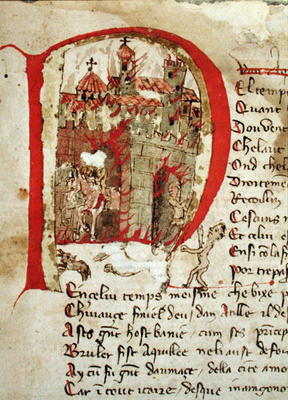 Ms Est 27 W 8.17 f.1r Historiated initial depicting Attila the Hun (c.406-453) burning the city of A de Franco-Italian School, (15th century)