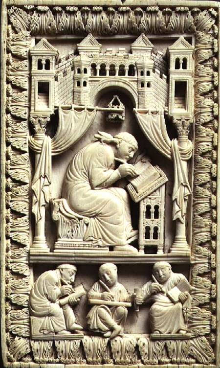St. Gregory writing with scribes below, Carolingian de Franco-German School