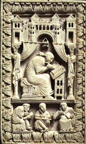 St. Gregory writing with scribes below, Carolingian