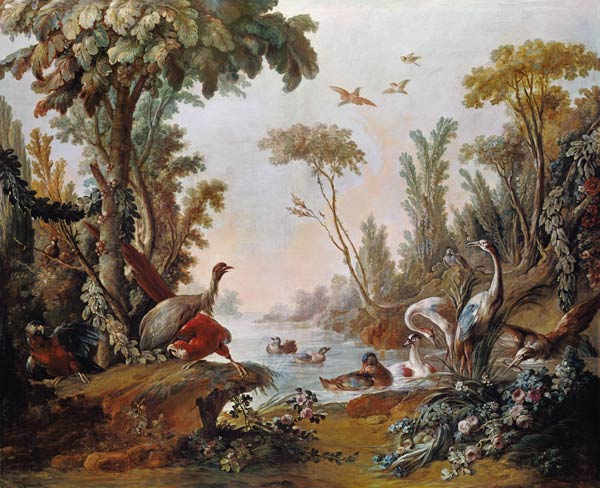 Lake with geese, storks, parrots and herons de François Boucher