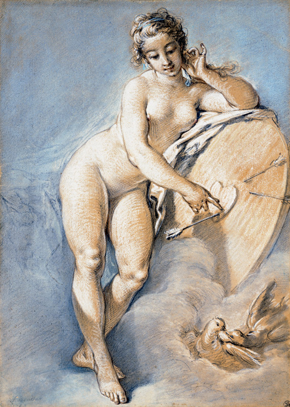 Venus en pie, haciendo gestos a un corazón sobre  un escudo con dos palomas de François Boucher