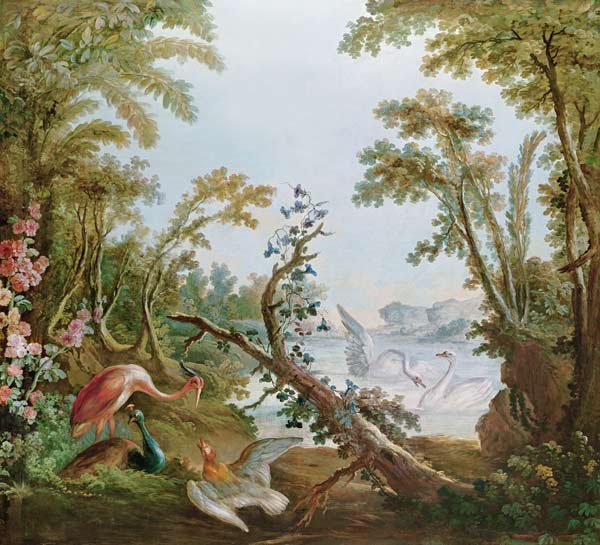 Lake with swans, a flamingo and various birds, from the salon of Gilles Demarteau de François Boucher
