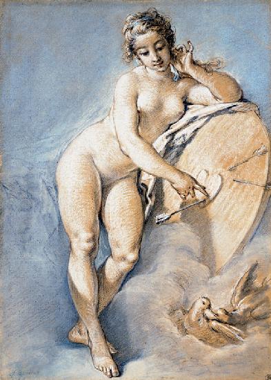 Venus en pie, haciendo gestos a un corazón sobre  un escudo con dos palomas