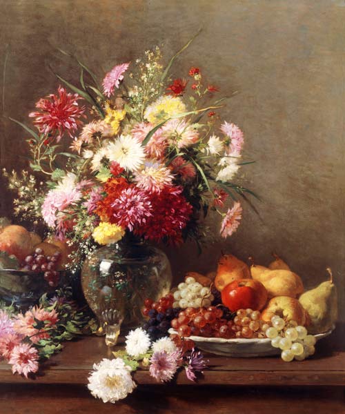 Chrysanthemen in einer Glasvase und ein Teller mit Obst de Francois Furet