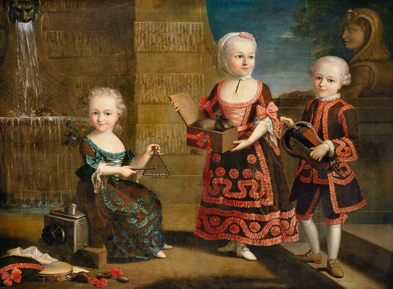 A Girl with a Marmoset in a Box, Girl with Triangle sitting on a Magic Lantern and a Boy with a Hurd de François-Hubert Drouais