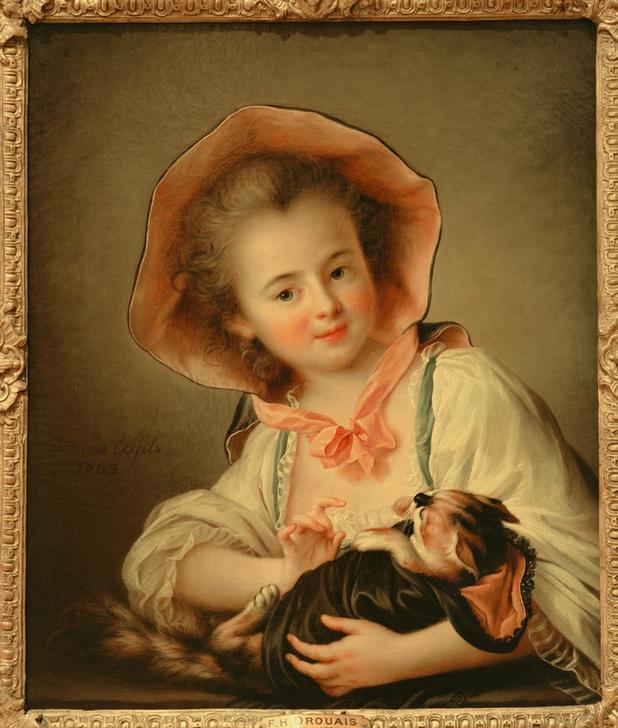 Young Girl Playing with a Cat de François-Hubert Drouais