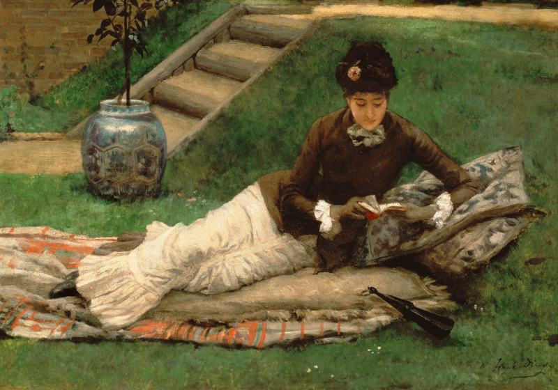 The Novel, A Lady in a Garden reading a book de Frank Dicey