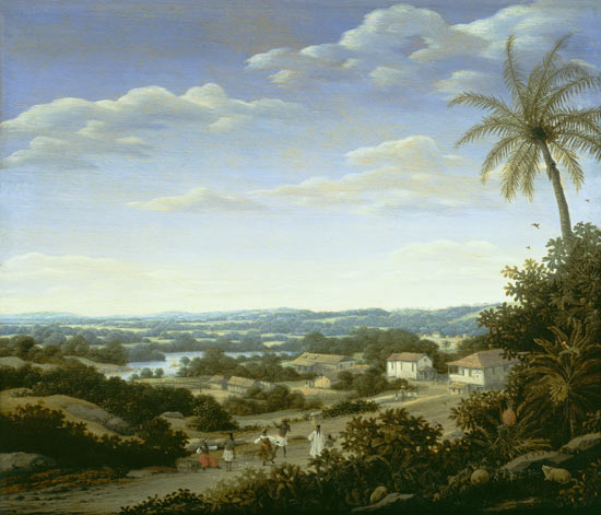 Brazilian landscape with natives on a road approaching a village de Frans Post