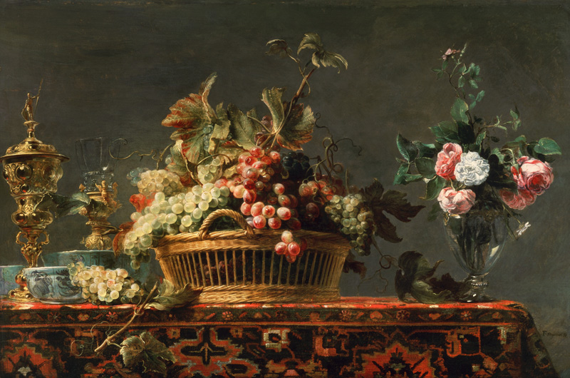 Quiet life with basket with grapes and a rose vase de Frans Snyders