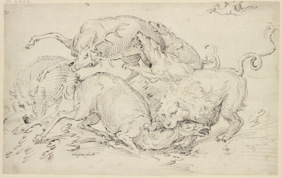 Löwen und Hunde überfallen zwei Hirsche und ein Schwein de Frans Snyders