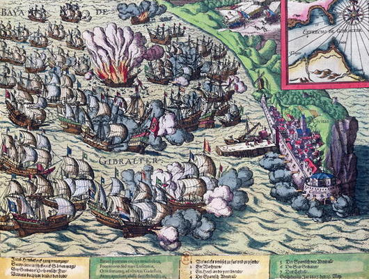 Fighting off the Coast of Gibraltar, printed on 25th May 1607 (coloured engraving) de Franz Hogenberg