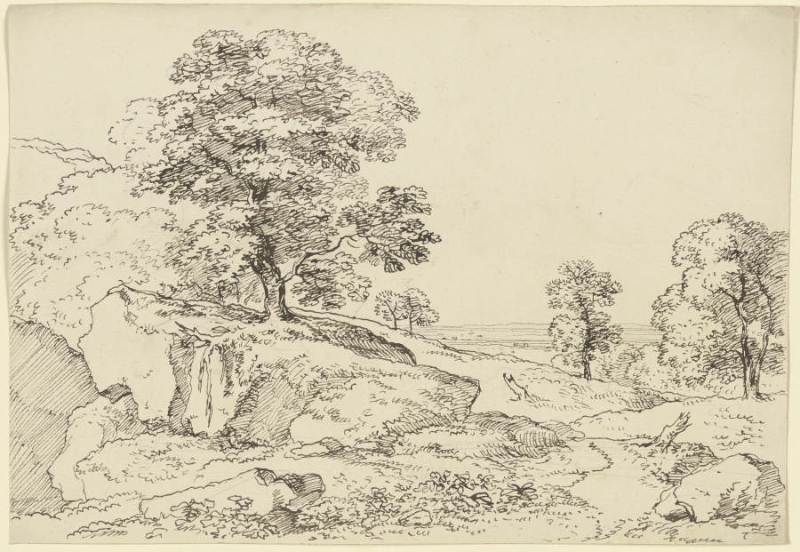 Alter Baum auf einem Felsvorsprung in einer Wiesenlandschaft de Franz Innocenz Josef Kobell