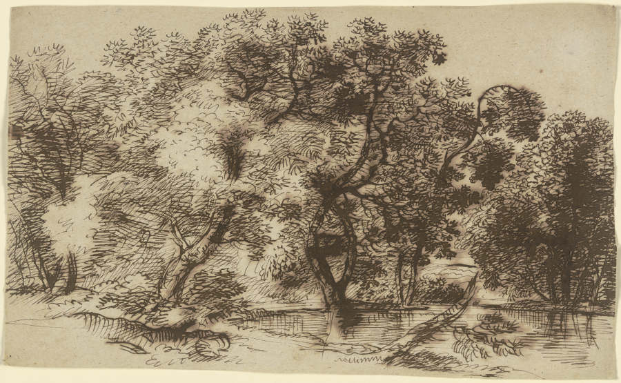 Bäume und Sträucher an einem Gewässer de Franz Innocenz Josef Kobell