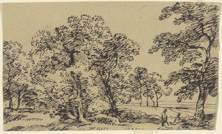 Baumbestandene Ebene, durch die sich ein Weg schlängelt, im Vordergrund rechts zwei rastende Wandere de Franz Innocenz Josef Kobell