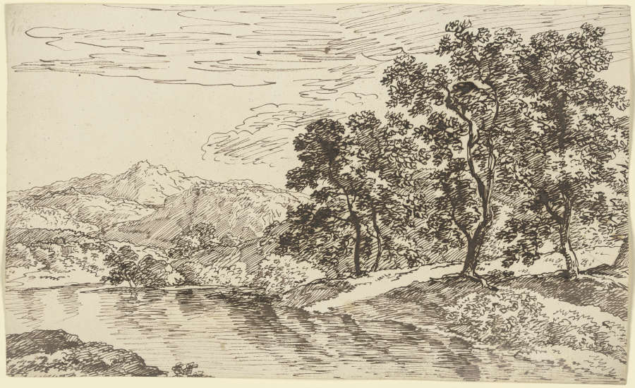 Baumbestandenes Flussufer, im Hintergrund Gebirgszug de Franz Innocenz Josef Kobell
