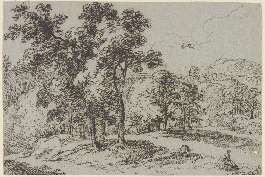 Baumreiche Landschaft, im Vordergrund eine sitzende Frau de Franz Innocenz Josef Kobell