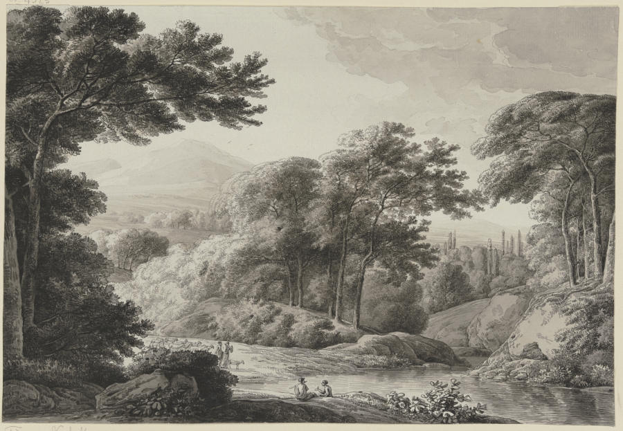 Baumreiche Landschaft mit Schafherde de Franz Innocenz Josef Kobell