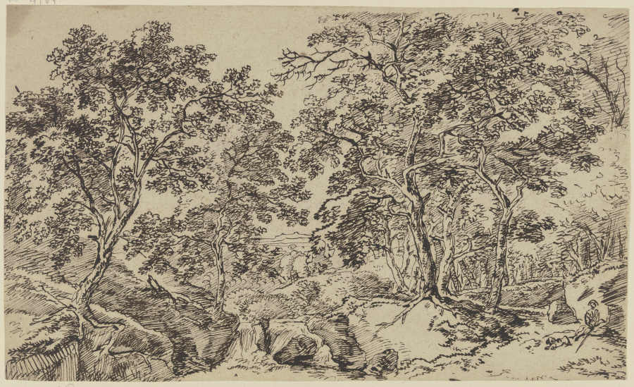 Baumreiche Landschaft, rechts ein sitzender Mann mit Hund de Franz Innocenz Josef Kobell