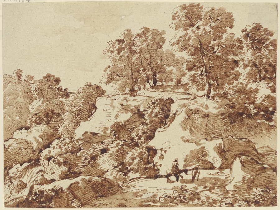 Berglandschaft mit hohen Bäumen und einem Reiter de Franz Innocenz Josef Kobell