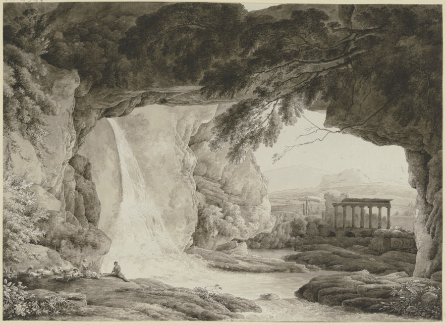 Blick aus einer Felsenhöhle auf eine antike Tempelruine de Franz Innocenz Josef Kobell
