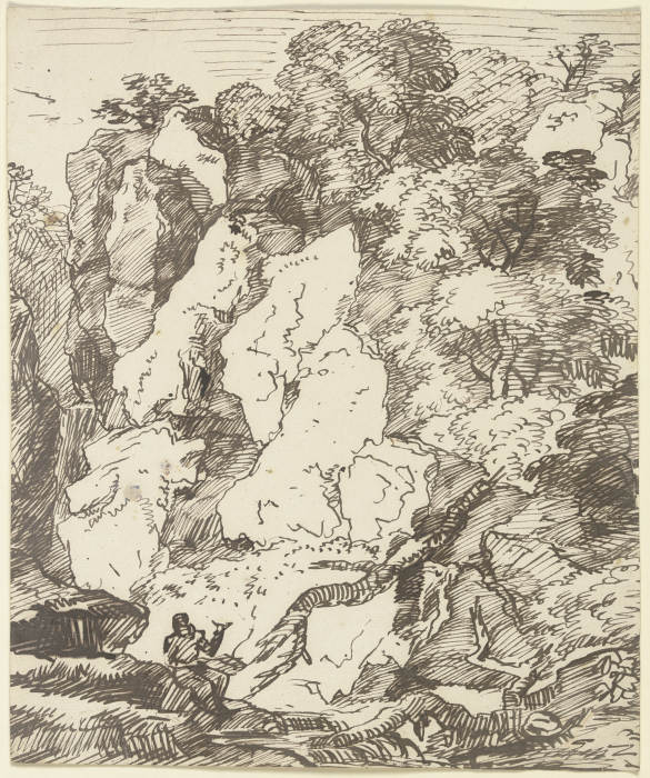 Ein rastender Wanderer zu Füßen einer Felswand sitzend, mit deiktischem Gestus auf diese weisend (?) de Franz Innocenz Josef Kobell