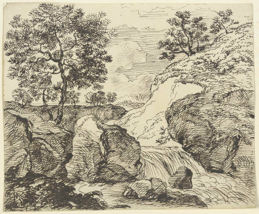 Erdrutsch an grasbewachsenem Hang an einem Fluss mit Wasserfall de Franz Innocenz Josef Kobell