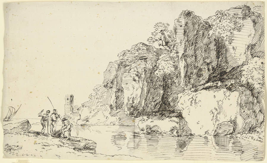Felsküste mit Leuchtturm, im Vordergrund drei Fischer de Franz Innocenz Josef Kobell